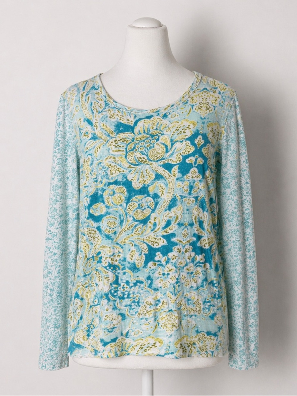 Cino Womens Top S Turquoise Green Floral Boho Batik Long Sleeve Tee